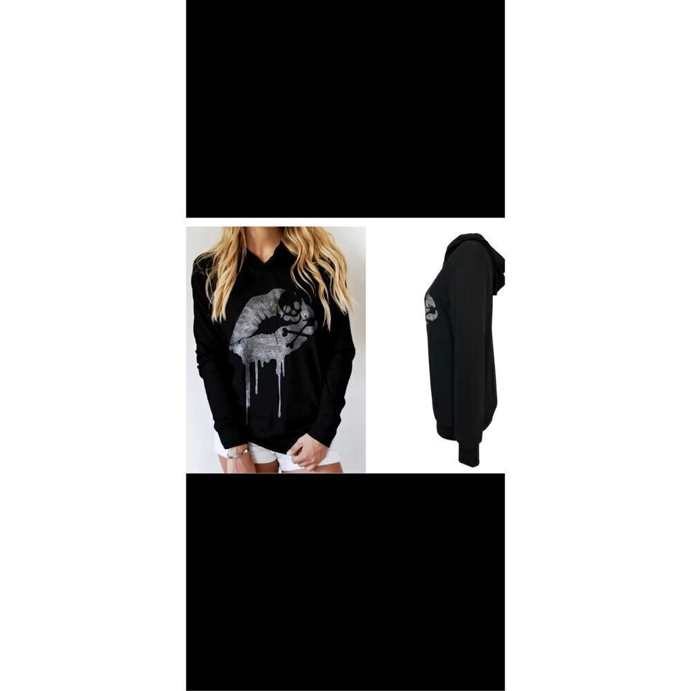 Skull lightweight sweatshirt with kissy lips, perfect for spring or fall weather - Picture 2 of 10